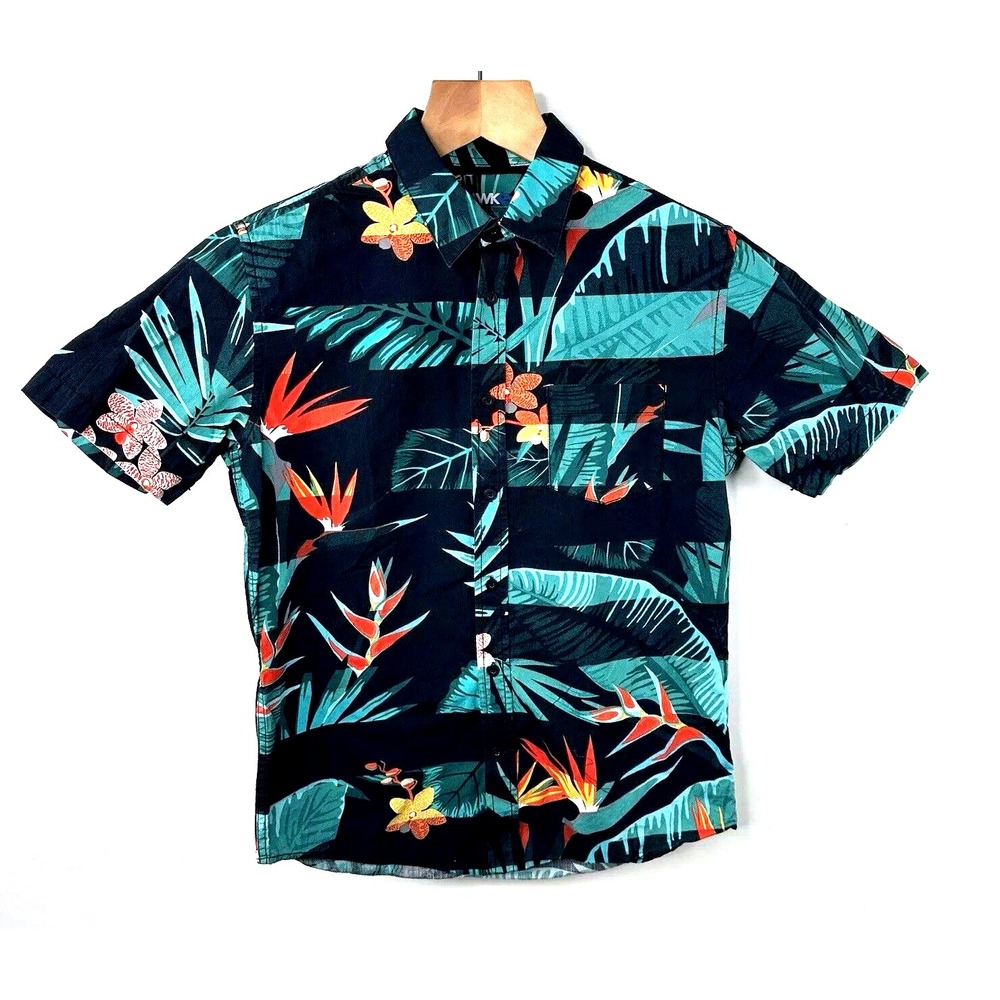 Tony Hawk Mens Small Tropical Bird of Paradise Floral Button Down Shirt Black